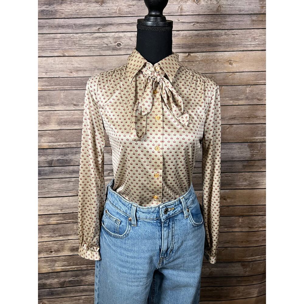 Vintage Retro Butterfly Print DeMura Bow Blouse Size Medium